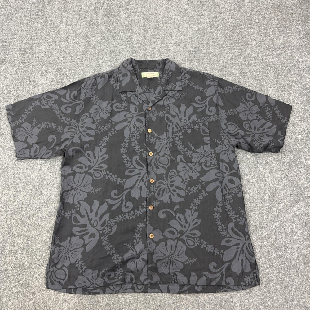 Tommy‎ Bahama Shirt Mens L Gray Floral Silk Short Sleeve Button Front Hawaiian